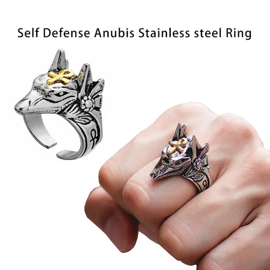 Personal Self Defense Ring Anubis Egyptian Cross Beast Anti-wolf Finger Ring Stainless steel Wolf Rings adjustable ring