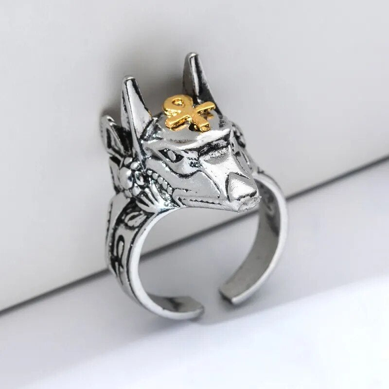 Personal Self Defense Ring Anubis Egyptian Cross Beast Anti-wolf Finger Ring Stainless steel Wolf Rings adjustable ring