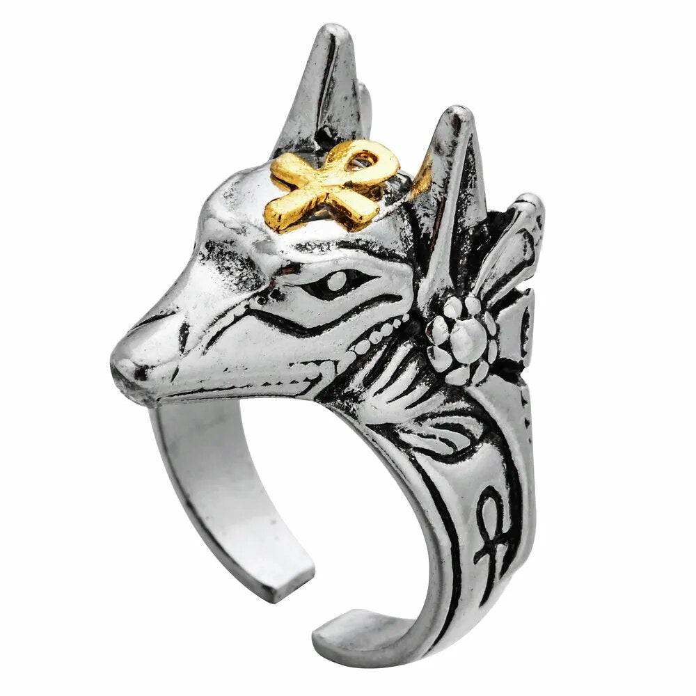 Personal Self Defense Ring Anubis Egyptian Cross Beast Anti-wolf Finger Ring Stainless steel Wolf Rings adjustable ring